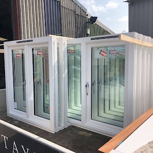 Wooden sash windows awaiting fitting in Norwich, Norfolk.