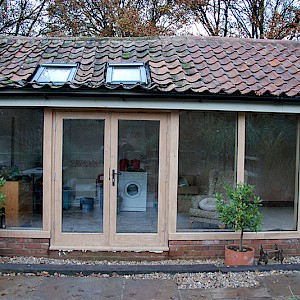 Oak garden room extension exterior view, Norfolk