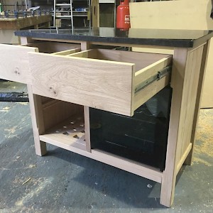 Solid Oak Kitchen cabinetry with double fronted draws.